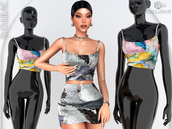 Sims 4 — Floral Jacquard Embroidered Set (Strappy Crop Top) DO0873 by DOLilac — Custom thumbnail