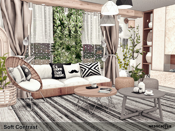 Sims 4 — Soft Contrast by Nessca — Soft Contrast is a luxurious living room with a gaming corner. Provide comfort and