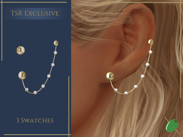 Sims 4 — Glade Earrings by Pitted0live — Gold round stud earrings with a chain and pearls Custom catalog image