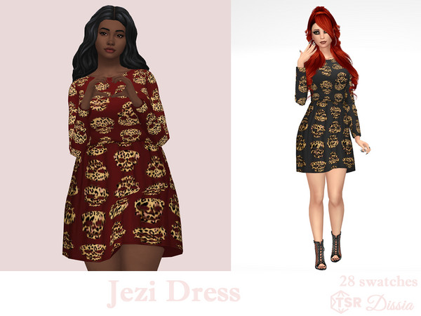 Sims 4 — Jezi Dress by Dissia — Long sleeves short dark dress with cheetah pattern skulls