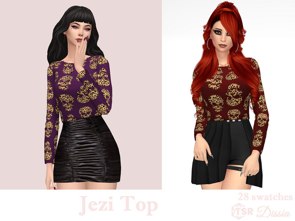Sims 4 — Jezi Top by Dissia — Long sleeves short cheetah pattern skulls crop top