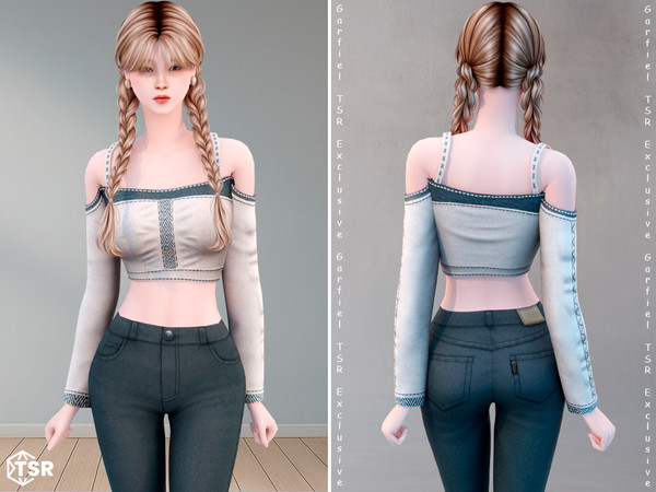 Sims 4 — Off-shoulder crop top with long sleeves by Garfiel — This stylish off-shoulder crop top blends casual,