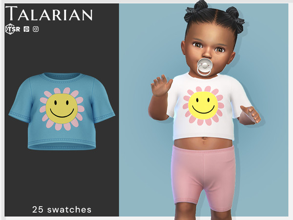 Sims 4 — Evelyn Top (Infant) by talarian — Cropped short sleeve tee with smiling flower print on the front