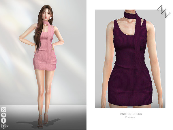 Sims 4 — KNITTED DRESS by ZNsims — ribbon, slim fit, sleeveless, V-neck, dress, knitted