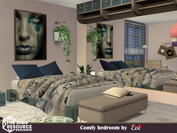 Sims 4 — Comfy bedroom by evi — A comfortable room with a double bed, an office corner and a wardrobe,