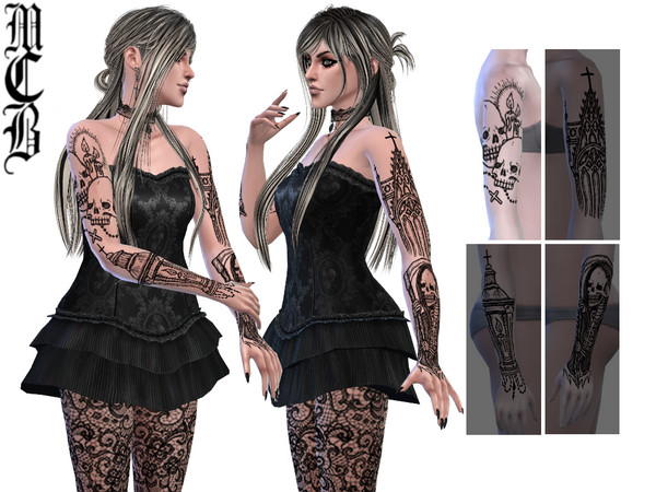 Sims 4 — Gothic Skulls, Candles And Rosary Upper Arm Tattoo (Right) by MaruChanBe2 — Gothic inspired tattoos for your