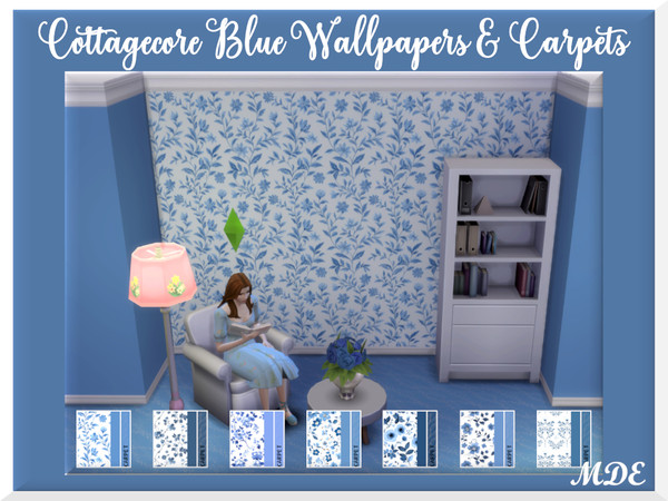 Sims 4 — Cottagecore Blue Wallpapers & Carpets by MDE — Cover your walls and floors with Cottagecore Blue. There are