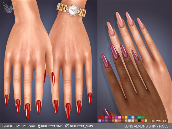 Sims 4 — Long Almond Shiny Nails by feyona — Long Almond Shiny Nails comes with 30 swatches. * Fingernail category