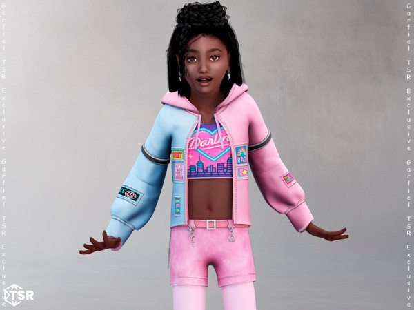 Sims 4 — Child Two-tone streetwear jacket set by Garfiel — Trendy two-tone streetwear set for girls, featuring a cropped