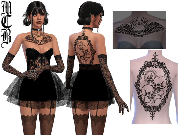Sims 4 — Gothic Skulls, Candles And Rosary In Frame Back Tattoo by MaruChanBe2 — Gothic inspired tattoos for your cuties.