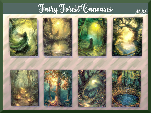 Sims 4 — Fairy Forest Canvases by MDE — Invite the mystery of the forest into your home with these fairy forest canvases.