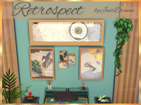 Sims 4 — JustDraven Retrospect Triple Frame by Draven298 — A collection of cozy, writer's vibe, paintings in neutral