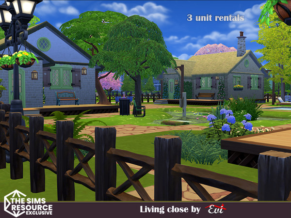 Sims 4 — Living Close_No CC by evi — A three unit rental lot with a shared room, a pool and differents spots for