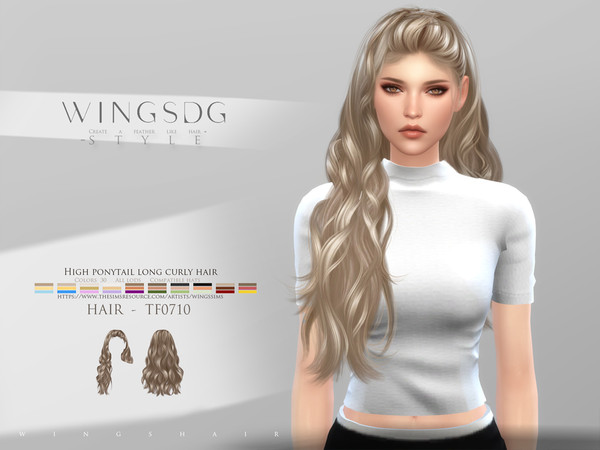 Sims 4 — WINGS-TF0710-High ponytail long curly hair by wingssims — Colors:30
