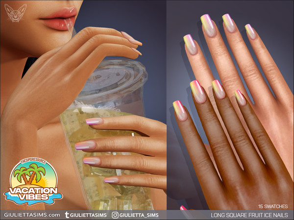 Sims 4 — Vacation Vibes - Long Square Fruit Ice Nails by feyona — Long Square Fruit Ice Nails come with 15 swatches.