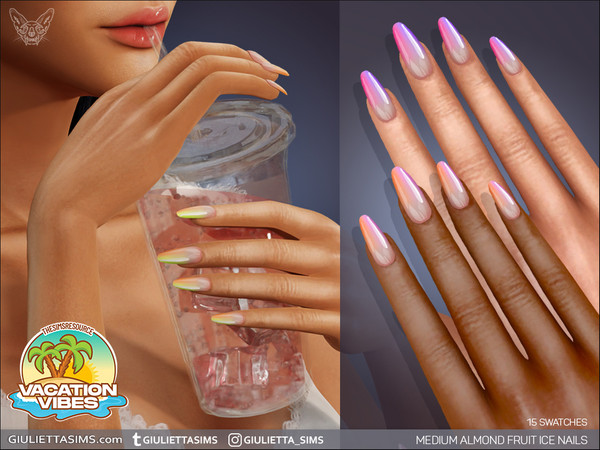 Sims 4 — Vacation Vibes - Medium Almond Fruit Ice Nails by feyona — Medium Almond Fruit Ice Nails come with 15 swatches.