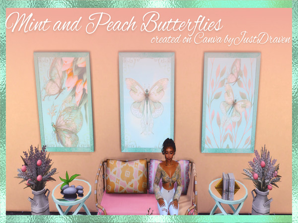 Sims 4 — Patreon - Mint and Peach Butterfly Canvas by Draven298 — Soft Butterfly Wall Art Collection Delicate butterflies