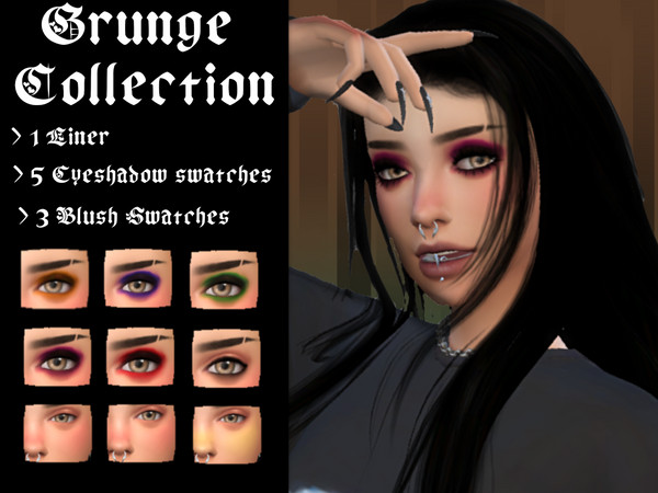 Sims 4 — Grunge Makeup Collection by _alttrait_ — Grunge makeup collection including 5 swatches of eyeshadow, 1 eyeliner