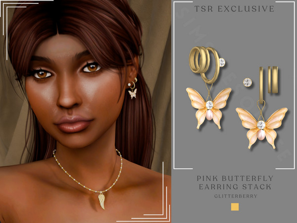 Sims 4 — Pink Butterfly Earring Stack by Glitterberryfly — A gold earring stack with pink butterfly pendant