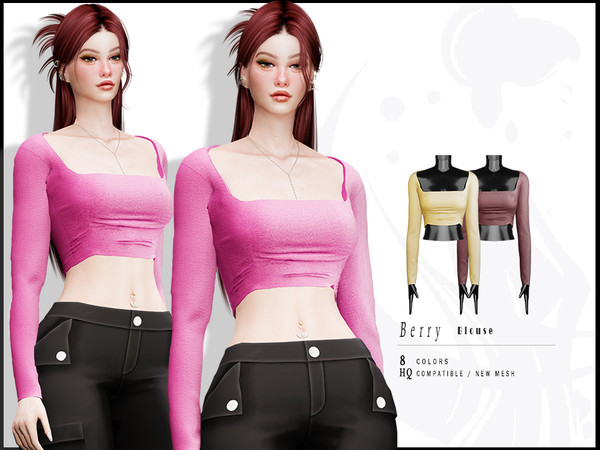 Sims 4 — Berry Square Neckline Blouse by _ironik_ — -8 Colors