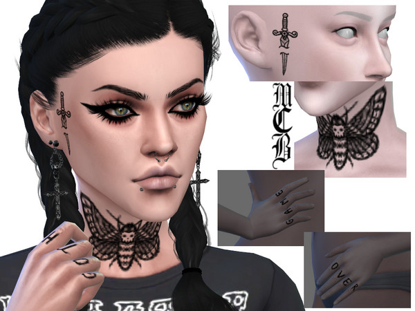 Sims 4 — Gothic Skull Moth Neck And Dagger Face Tattoo by MaruChanBe2 — A neck and face tattoo for your cuties.