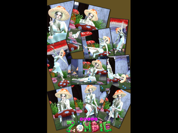 Sims 4 — Mushroom Stool Poses by hollyzombie — pack includes 10 poses centered around the Mushroom stool from the Cottage
