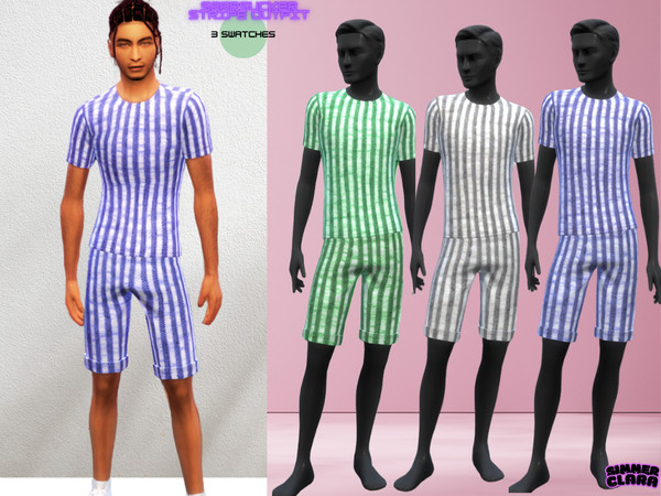 Sims 4 — Seersucker Men outfit by SimmerClara — HQ seersucker and stripe textured men shirt and shorts in 3 swatches