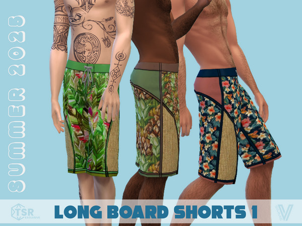 Sims 4 — SM25 Longboard Short 1 by SimmieV — A collection of board shorts in a whimsical combination of rattan and vivid