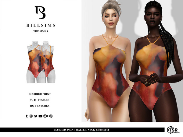 Sims 4 — Blurred Print Halter Neck Swimsuit by Bill_Sims — This swimsuit features an abstract printed material and thin