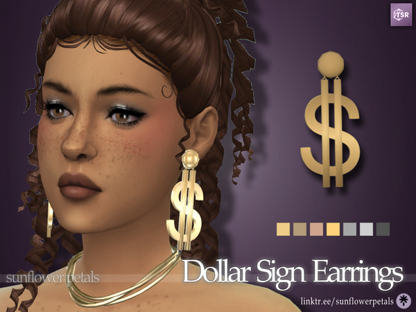 Sims 4 — Dollar Sign Earrings by SunflowerPetalsCC — A pair of large, dangle earrings in the shape of dollar signs. Comes