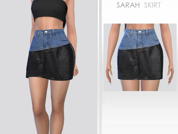 Sims 4 — Sarah Skirt by Puresim — Denim and leather skirt for female sims