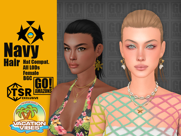 Sims 4 — Navy Hair (Vacation Vibes) by GoAmazons — Sleek combed back middle length hair hairstyle.