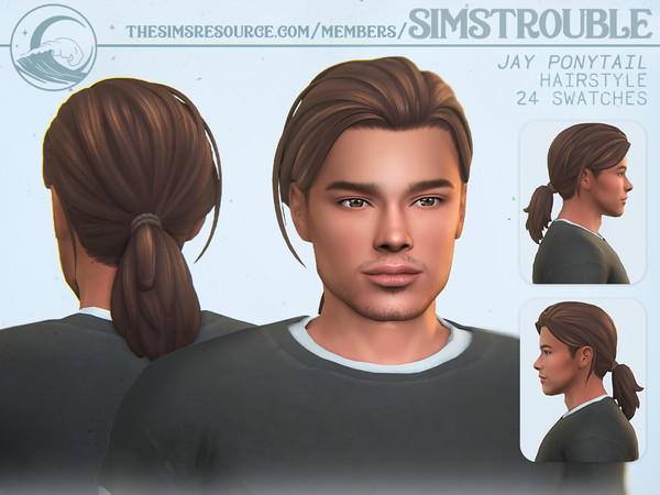 Sims 4 — Jay Ponytail - Style 2 by simstrouble — A medium-length low ponytail with loose strands for your male sim. Base