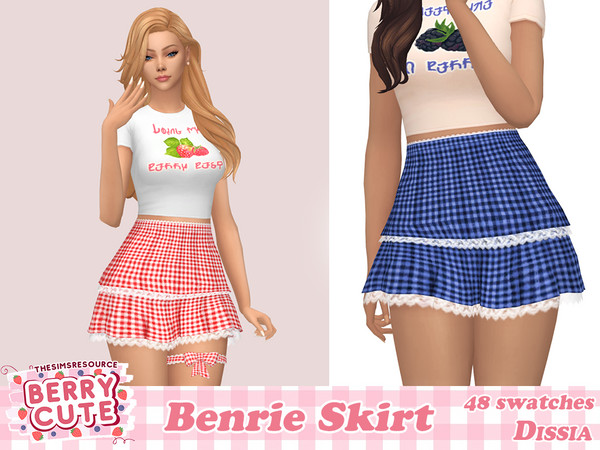 Sims 4 — Benrie Skirt by Dissia — High waist short layered plaid gingham skirt with white lace