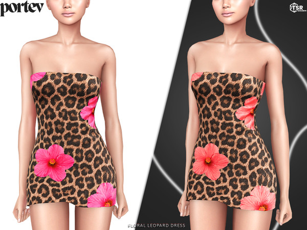 Sims 4 — Floral leopard dress by portev — new Mesh 4 colors