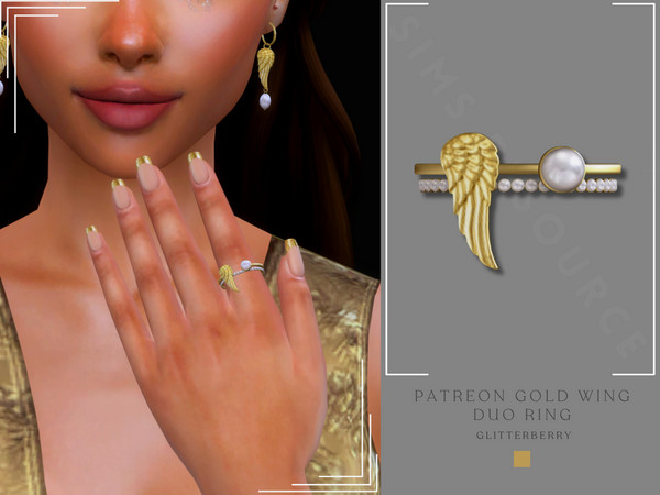 Sims 4 — PATREON Gold Wing Duo Ring by Glitterberryfly — A duo gold wing ring with pearl