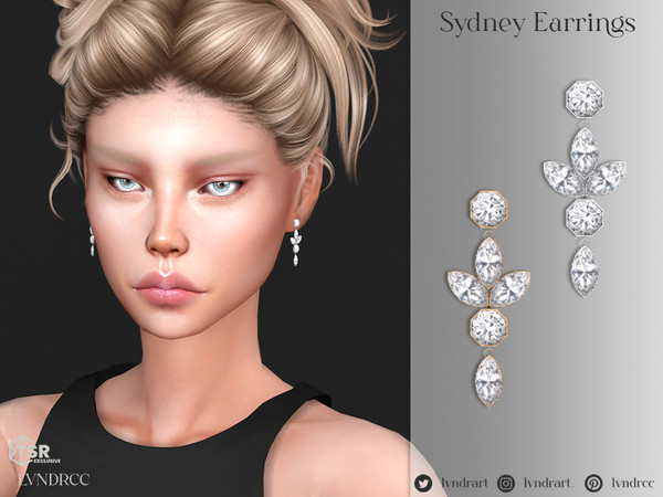 Sims 4 — Sydney Earrings by LVNDRCC — Diamond dangling earrings, with marquise and round crystals, on a gold or silver