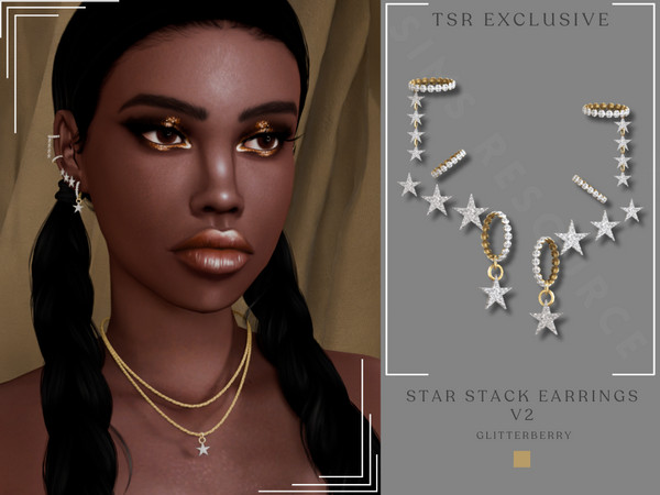 Sims 4 — Star Stack Earrings v2 by Glitterberryfly — A gold and diamond star stack earring