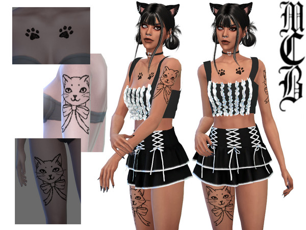 Sims 4 — Cat With Bow Upper Arm Tattoo (Left) by MaruChanBe2 — A cat themed tattoo for your cuties.