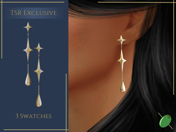 Sims 4 — Andromeda Earrings by Pitted0live — Drop earrings with golden stars and a golden droplet Custom catalog image