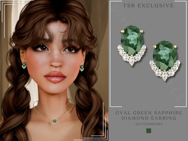 Sims 4 — Oval Green Sapphire Diamond Earrings by Glitterberryfly — Elegant oval green sapphire earring with a diamonds in