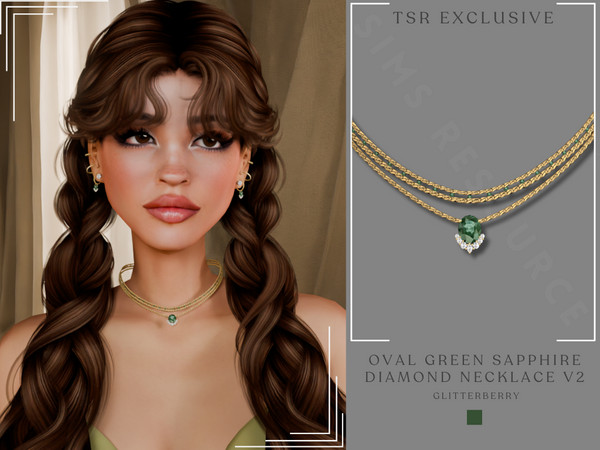 Sims 4 — Oval Green Sapphire Diamond Necklace v2 by Glitterberryfly — Elegant oval green sapphire layered necklace with