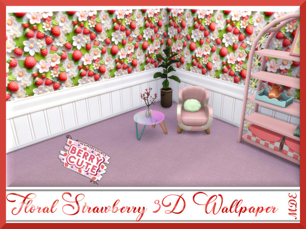 Sims 4 — Floral Strawberry 3D Wallpaper by MDE — Transform your home with this trendy strawberry floral wallpaper