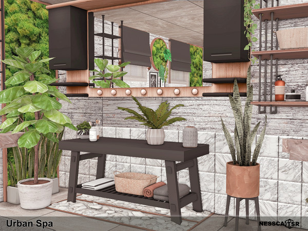Sims 4 — Urban Spa by Nessca — Urban Spa is a cozy bathroom that combines wood, stone and green. Have fun! Wall size -