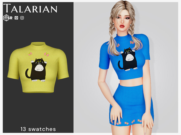 Sims 4 — Mylah Top by talarian — Playful cropped T-shirt with a round neckline, short sleeves, and a fun cat print on the