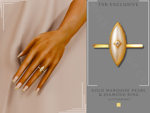 Sims 4 — Gold Marquise Pearl and Diamond Ring by Glitterberryfly — Gold Marquise Pearl and Diamond Ring.