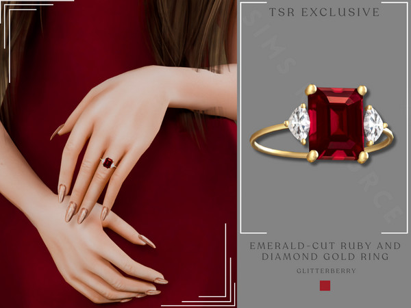 Sims 4 — Emerald-Cut Ruby and Diamond Gold Ring by Glitterberryfly — An emerald cut ruby diamond engagement ring set in