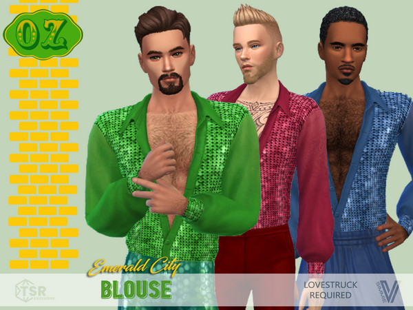Sims 4 — OZ Emerald City Blouse by SimmieV — The perfect combination of sexy, sheer and shiny. This men's blouse is ready