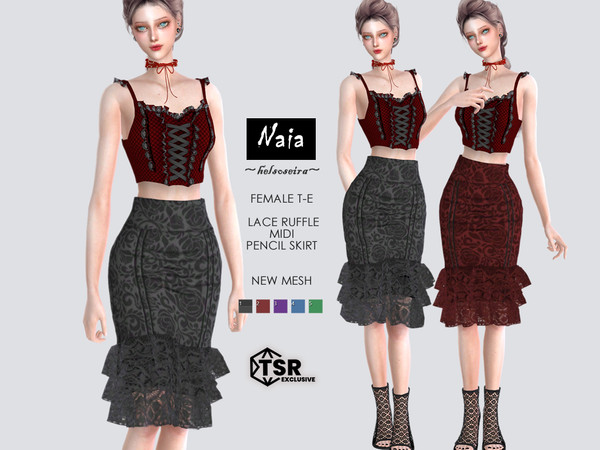 Sims 4 — NAIA - Pencil Skirt by Helsoseira — Style - Lace ruffle midi pencil skirt