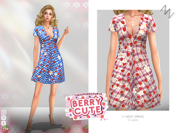 Sims 4 — V-NECK DRESS by ZNsims — V-neck, dress, print, short sleeve, cute, playful